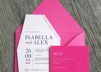 euro flap bright pink envelope with geometric invitation