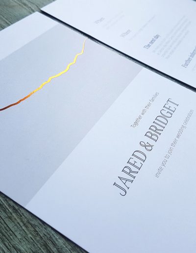 Copper, grey and white wedding invitation colours